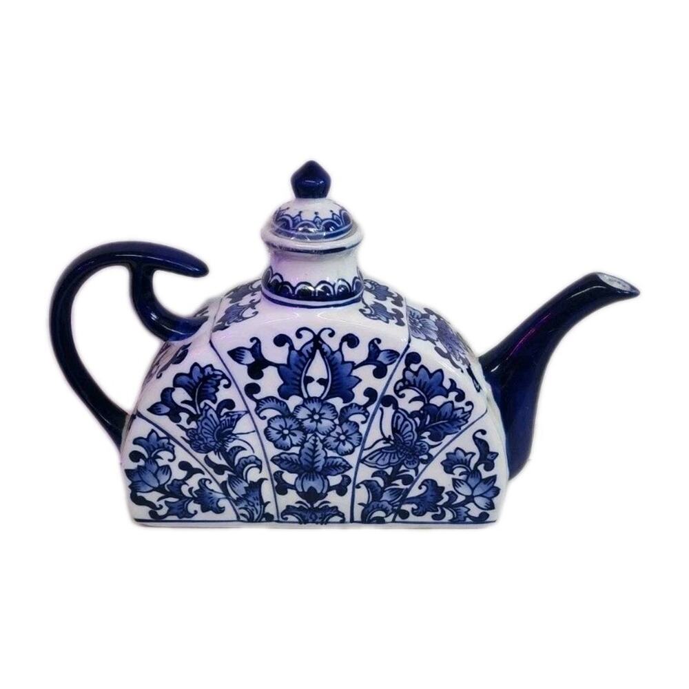 VTG Teapot Blue White Chinoiserie Swan Handle Crescent Floral Porcelain Farmhous